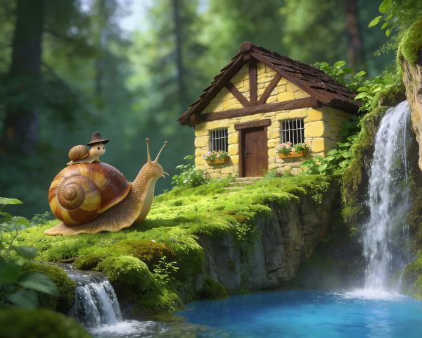 Large Snail on Mossy Cliff with Stone House and Waterfall