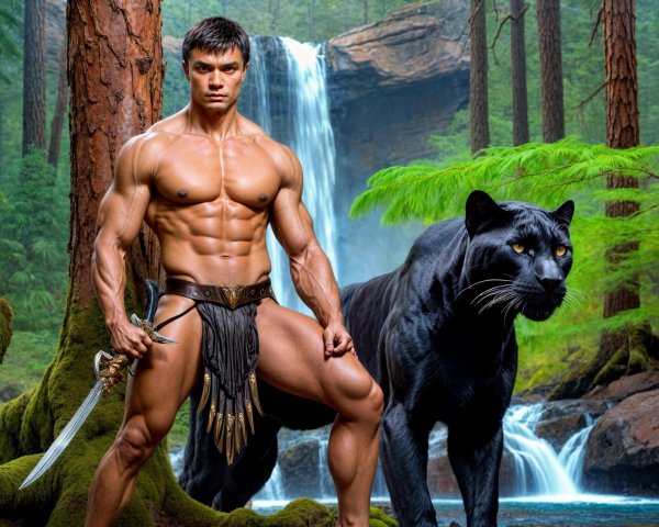 Warrior and Panther in a Serene Forest Setting