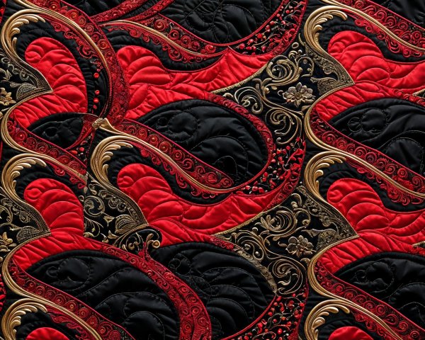 Intricate quilt pattern with red, black, and gold hues