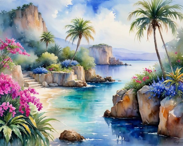 Serene Coastal Scene with Vibrant Flora and Turquoise Bay