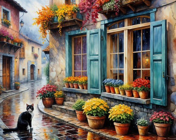 Charming Cobblestone Street with Flower Pots and Rain