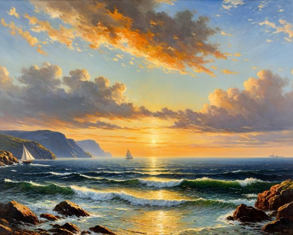 Seascape at Sunset with Vibrant Sky and Sailboats