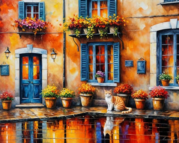 Vibrant Street Scene with Colorful Building and Cat