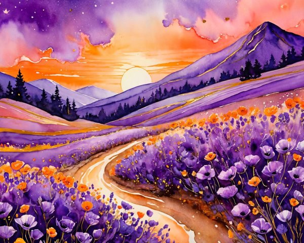 Vibrant Watercolor Landscape with Hills and Sunset