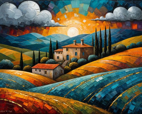 Vibrant Landscape with Rolling Hills and Rustic Buildings