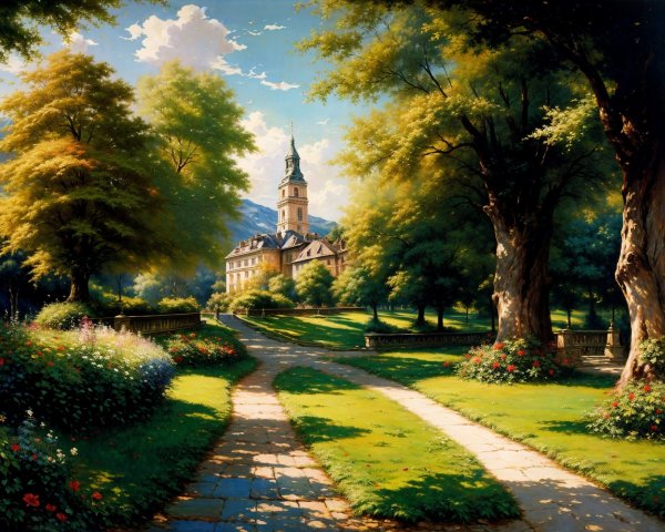 Tranquil Landscape with Grand Building and Clock Tower
