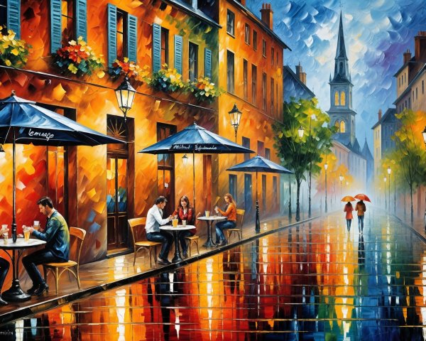 Impressionistic Street Scene on a Rainy Day