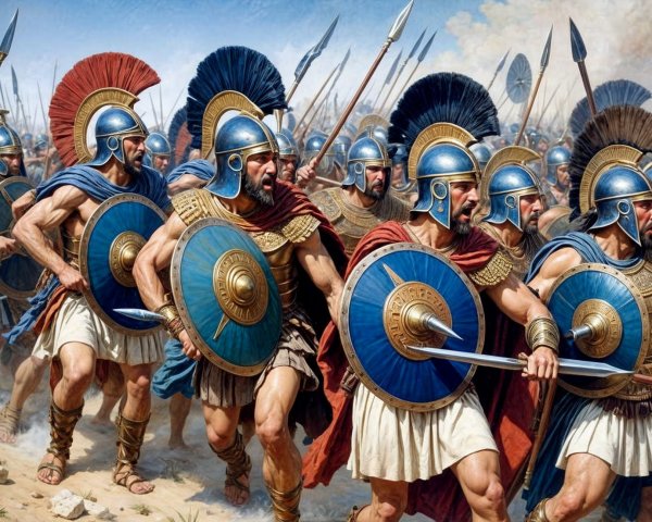 Ancient Warriors in Armor on a Dusty Battlefield