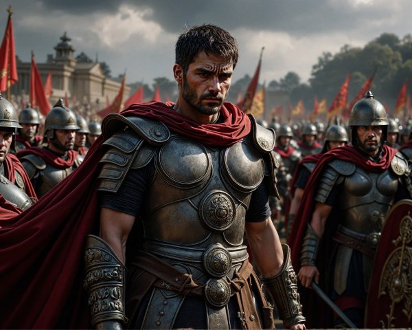 Roman Soldiers in Dramatic Battlefield Scene