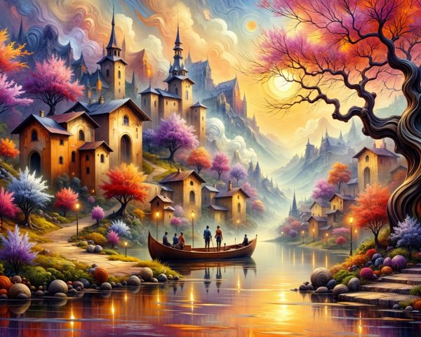 Whimsical Buildings Amidst Vibrant Autumn Landscape