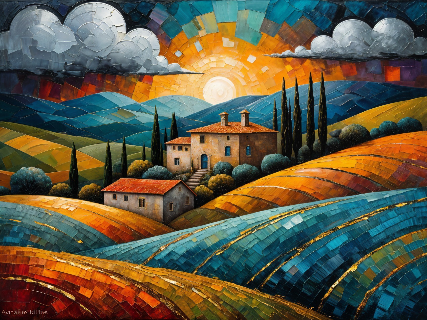 Vibrant Landscape with Rolling Hills and Rustic Buildings