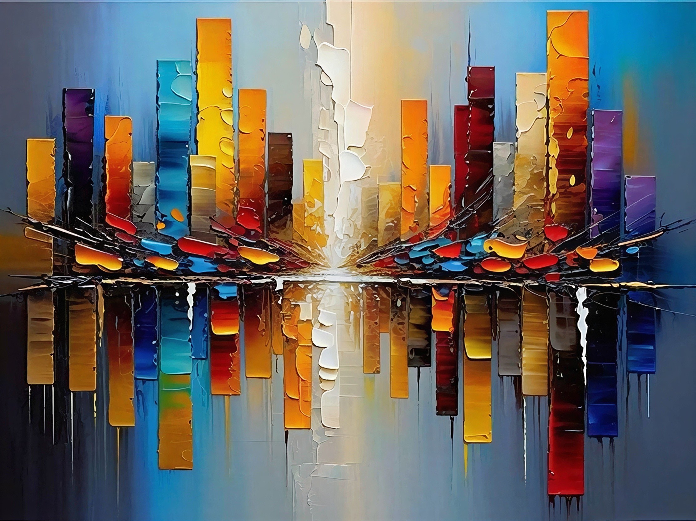 Vibrant Abstract Cityscape in Impasto Oil Painting