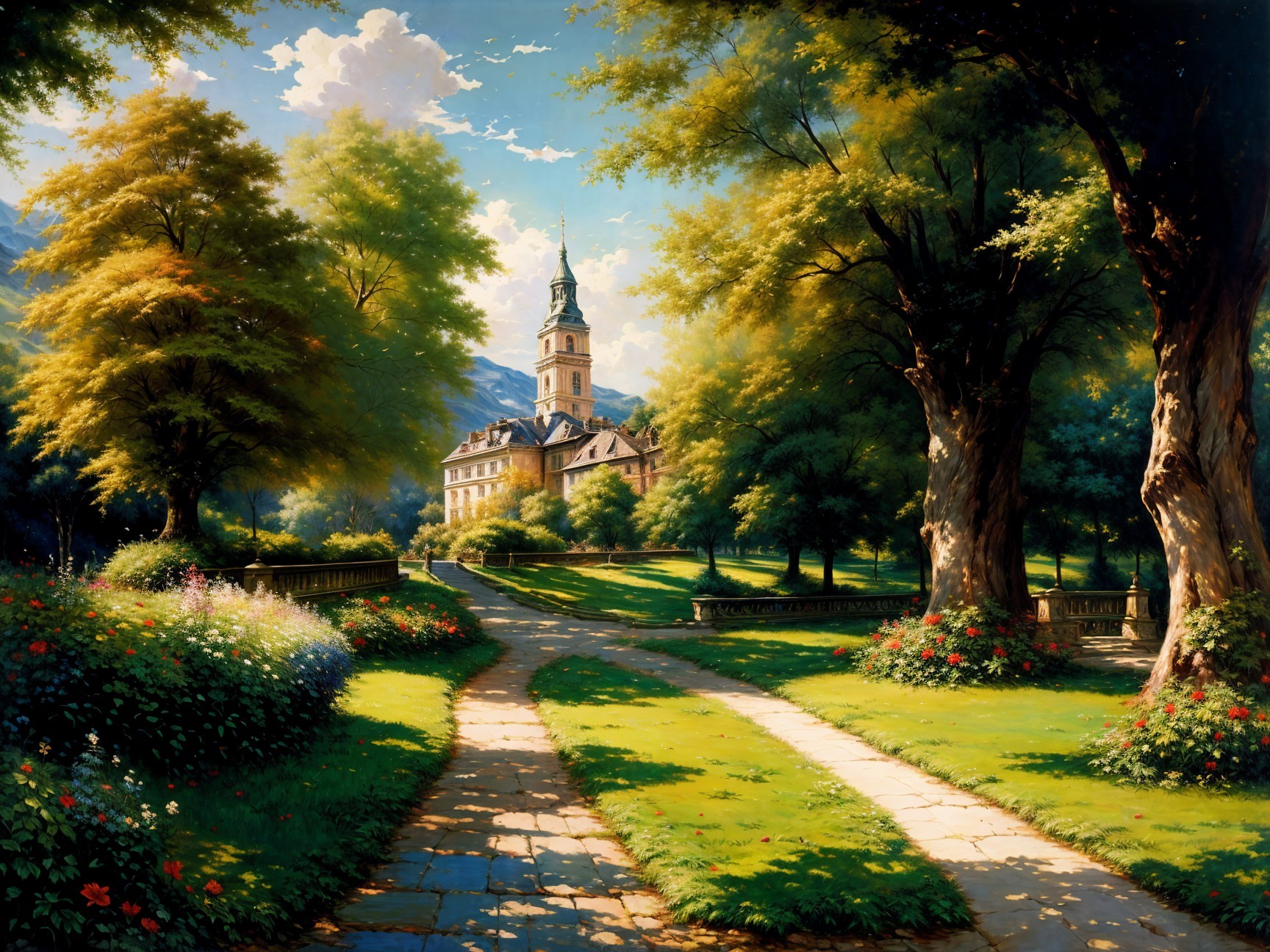 Tranquil Landscape with Grand Building and Clock Tower