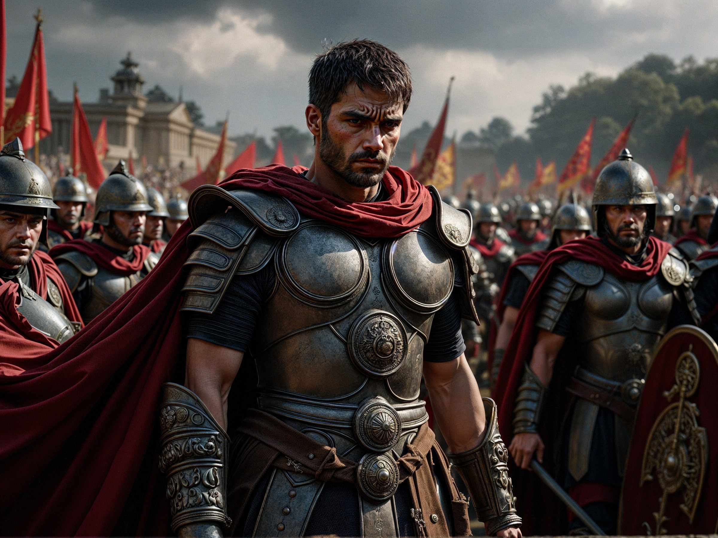 Roman Soldiers in Dramatic Battlefield Scene