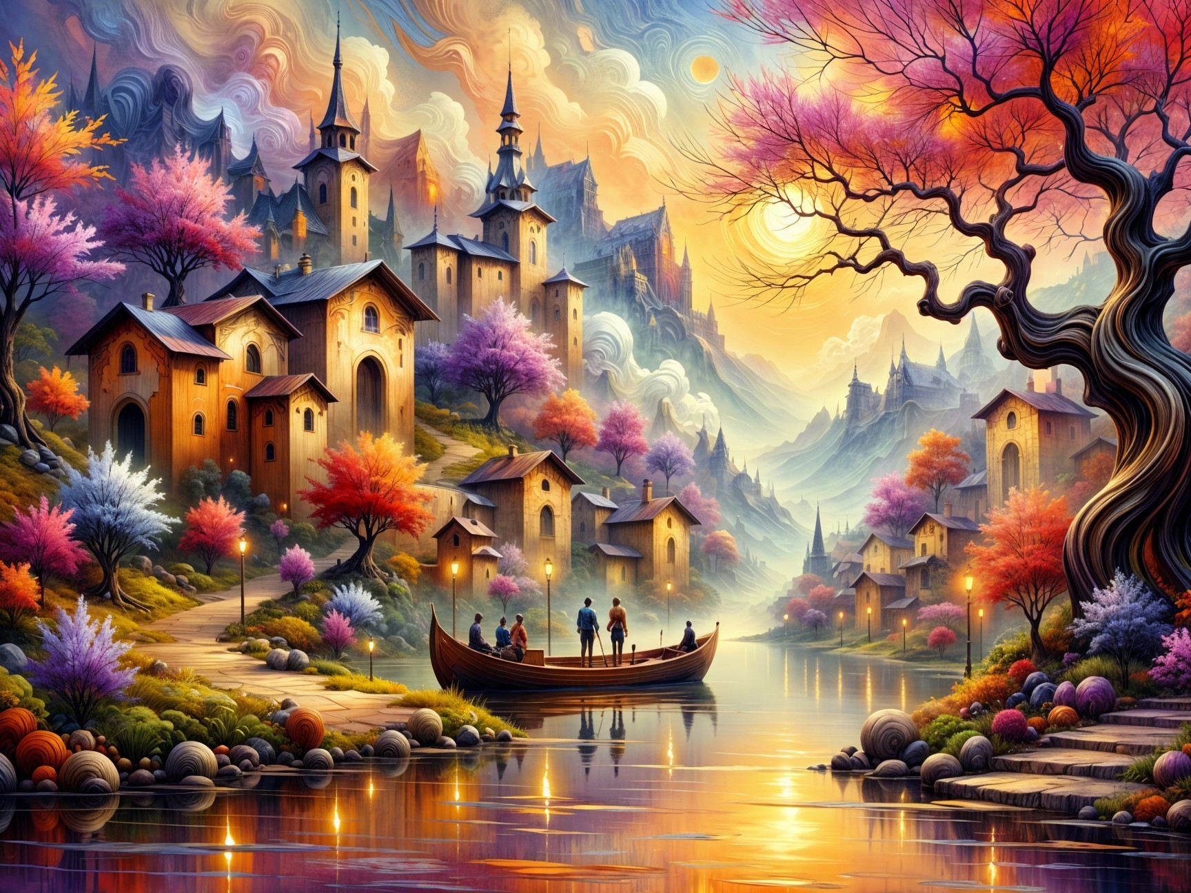 Whimsical Buildings Amidst Vibrant Autumn Landscape