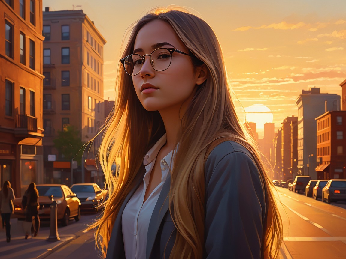 Young woman with glasses on city street at sunset