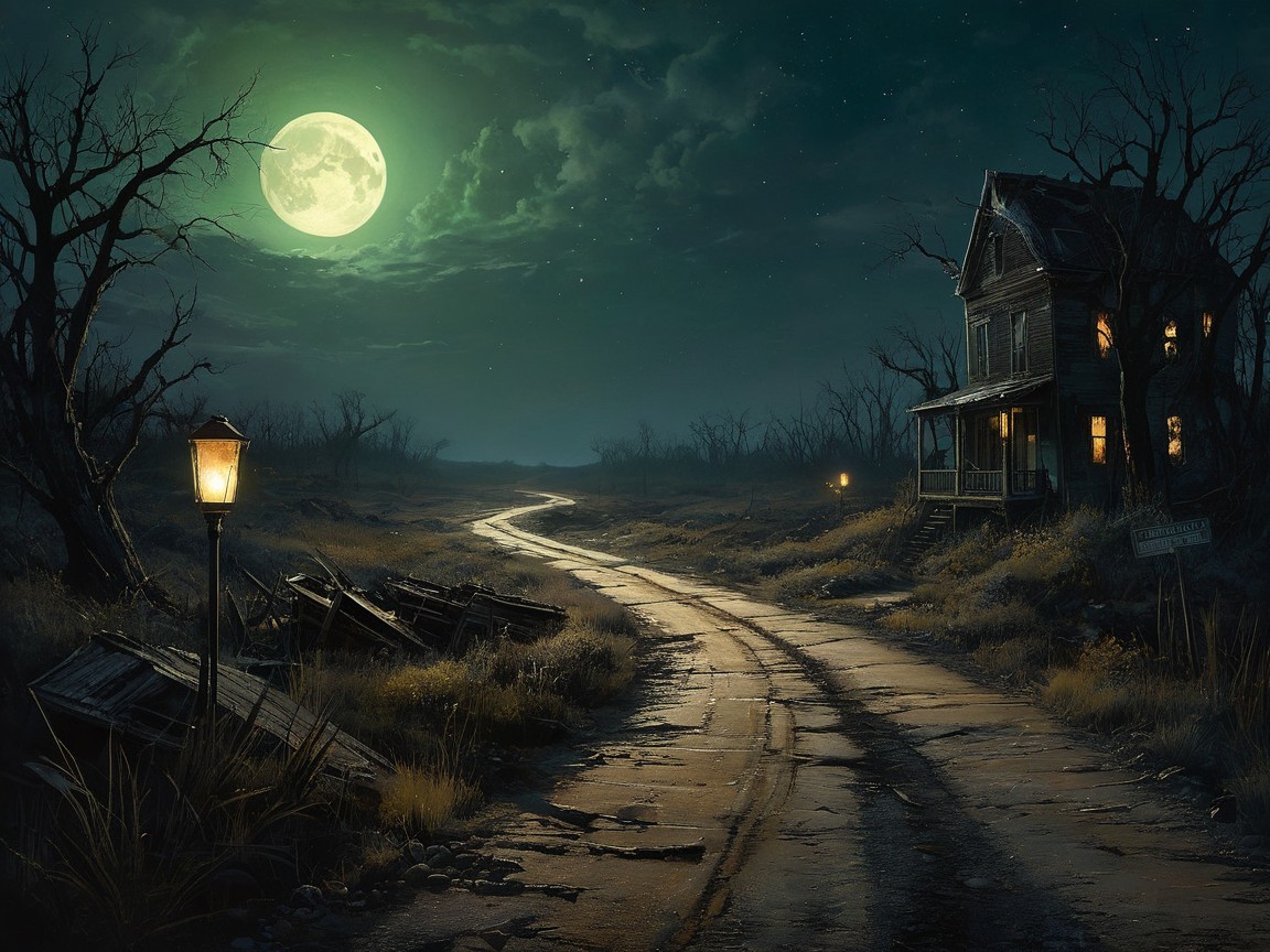 Eerie Moonlit Landscape with Abandoned House and Road