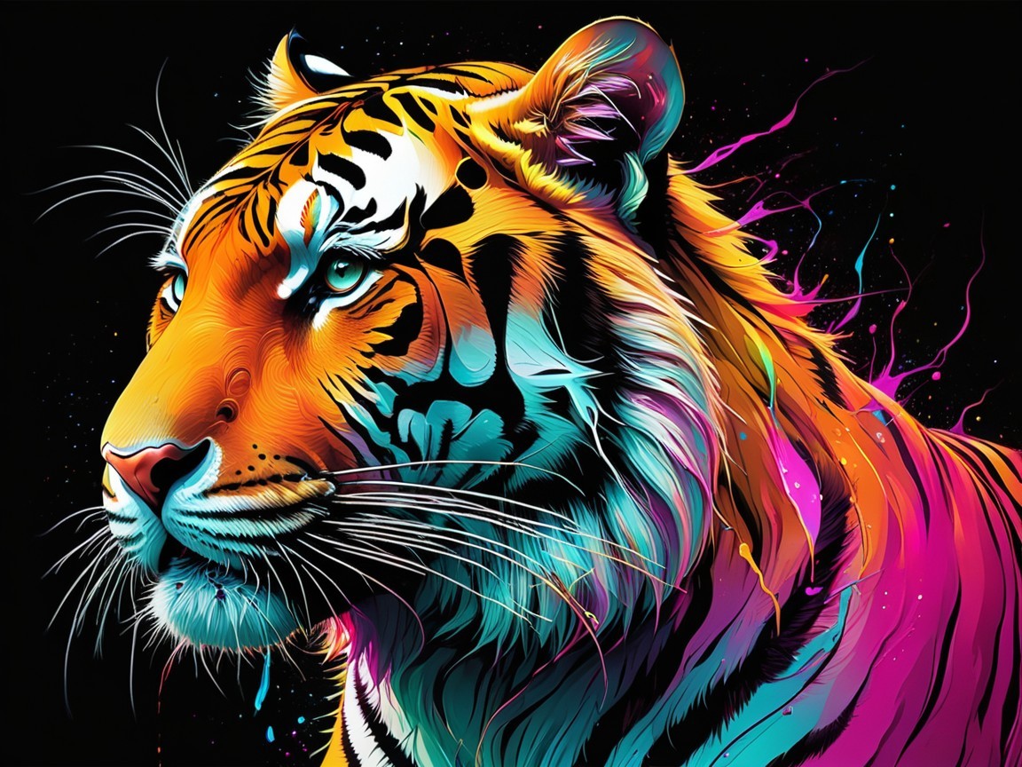 Vibrant Tiger Face on Black Background with Colors