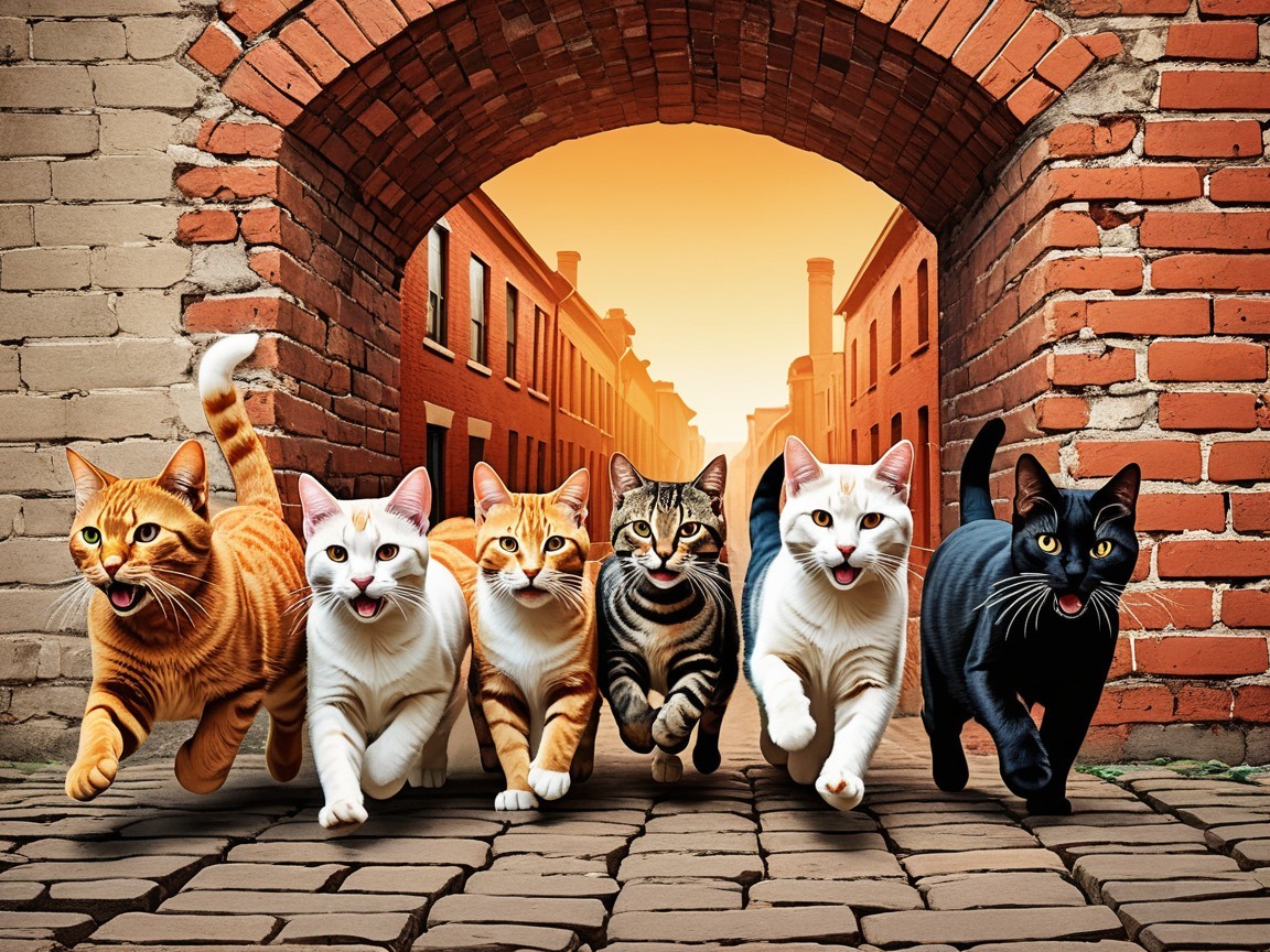 Playful Cats Running on Cobblestone Street at Sunset