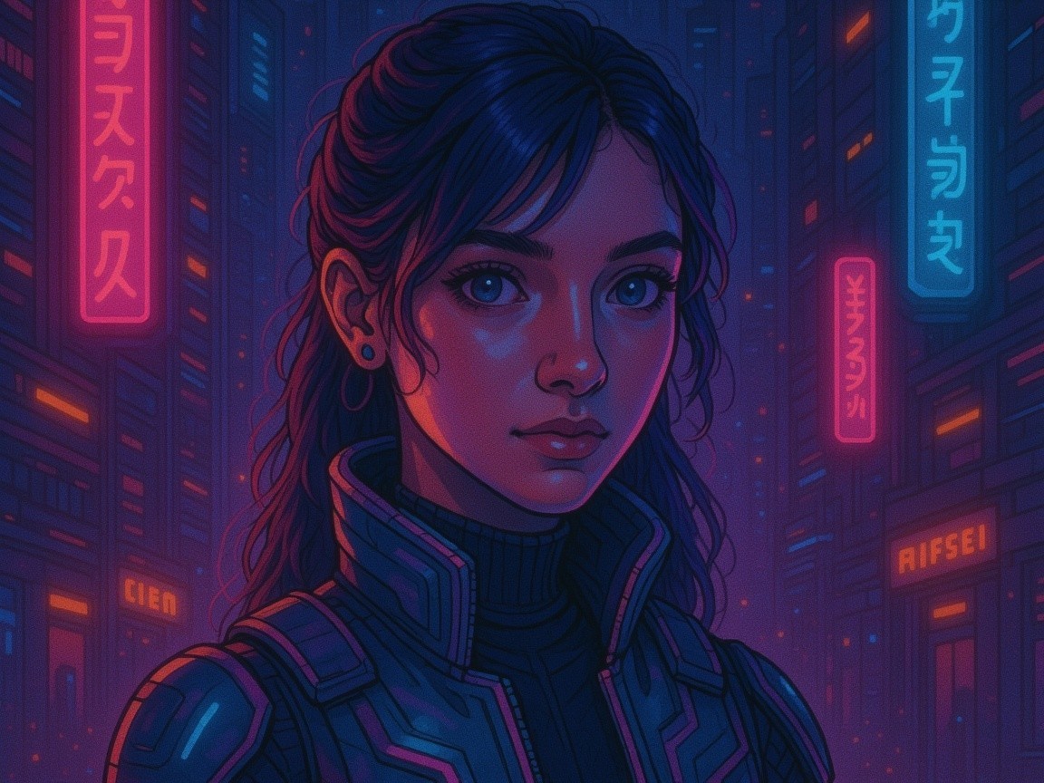 Futuristic Portrait of a Young Woman in Cyberpunk City