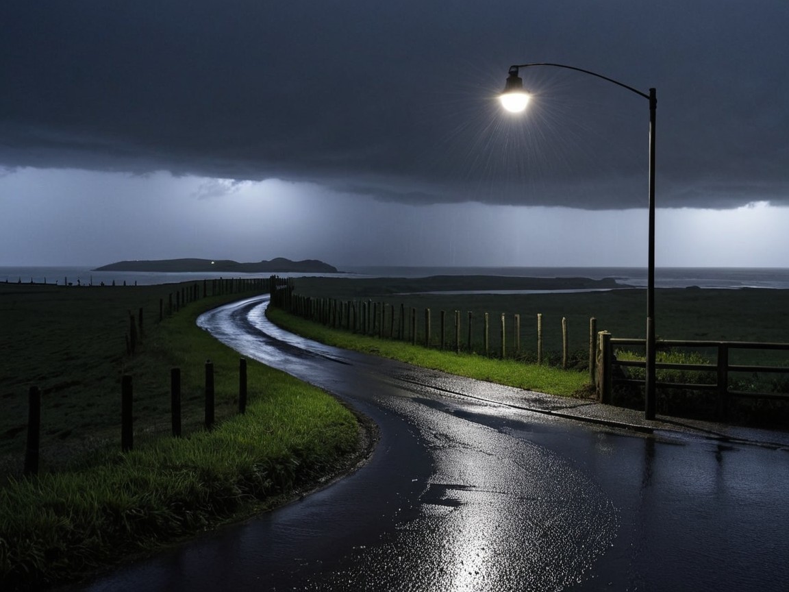 Dramatic Landscape with Winding Road and Stormy Sky