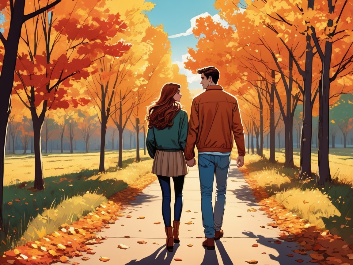 Couple Walking on Autumn Path with Colorful Trees