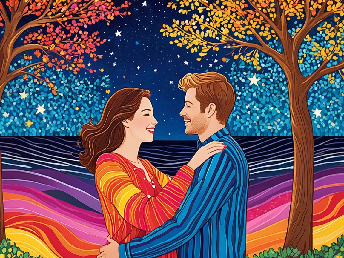 Couple Embraced Under Starry Night Sky Illustration