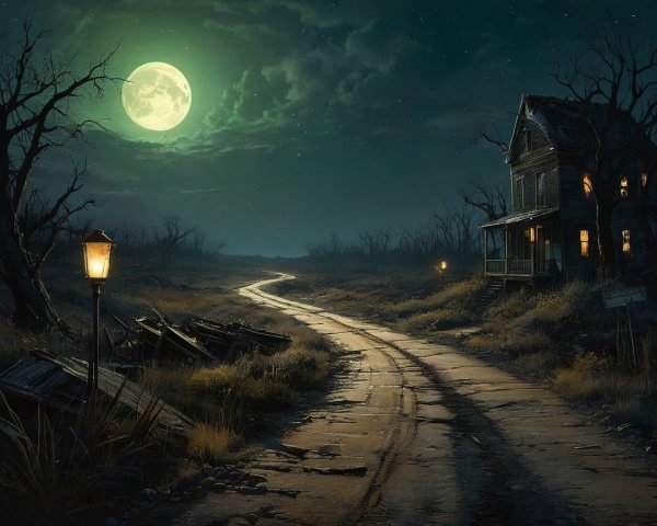 Eerie Moonlit Landscape with Abandoned House and Road
