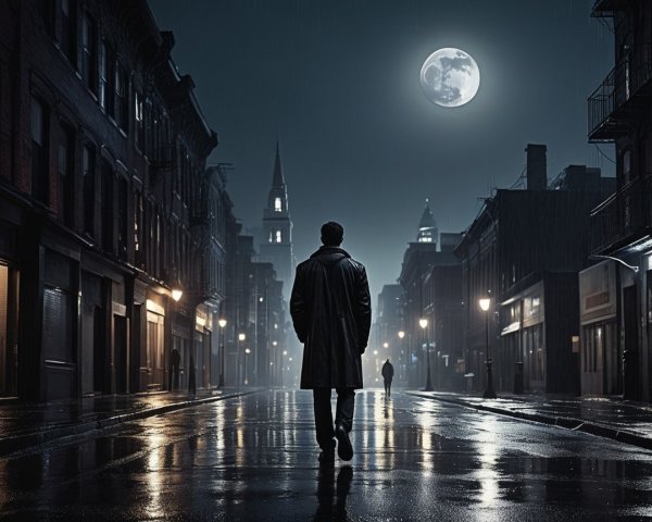 Solitary Figure on Rain-Soaked Street Under Moonlight