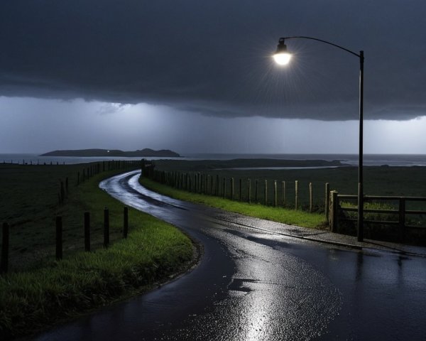 Dramatic Landscape with Winding Road and Stormy Sky