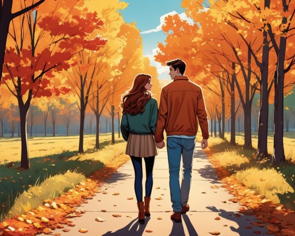 Couple Walking on Autumn Path with Colorful Trees