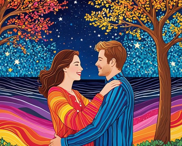 Couple Embraced Under Starry Night Sky Illustration
