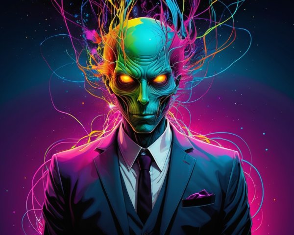 Surreal Figure with Glowing Skeletal Head and Colors