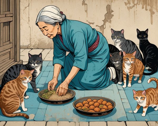 Elderly Woman Sorting Seeds with Cats Nearby