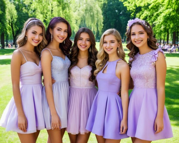 Group of Young Women in Lavender Dresses in Park