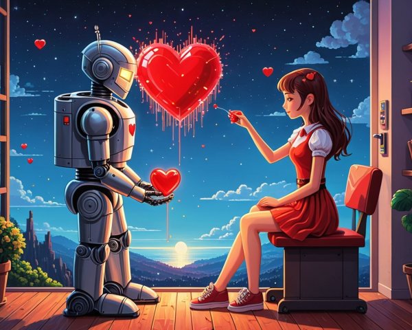 Robot and Girl Share Heartwarming Sunset Scene