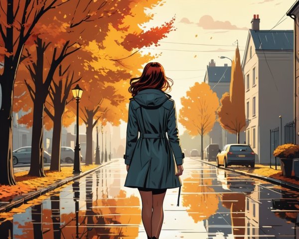 Autumn Street Scene with Vibrant Foliage and Sunset