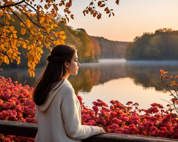 Young woman by serene lake with autumn scenery