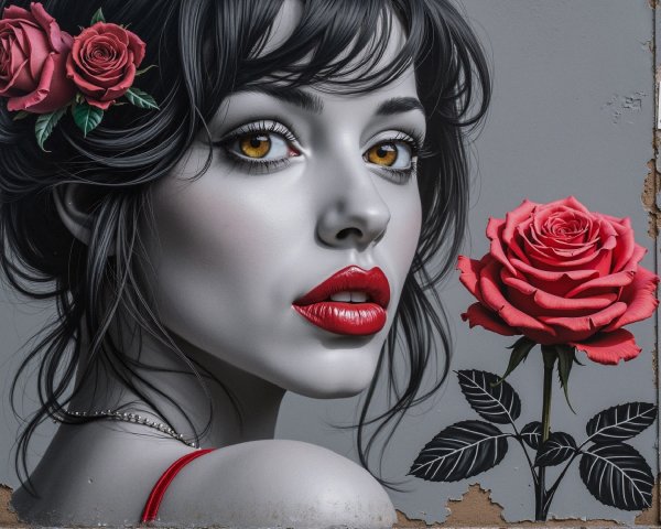 Mural of a Woman with Golden Eyes and Roses