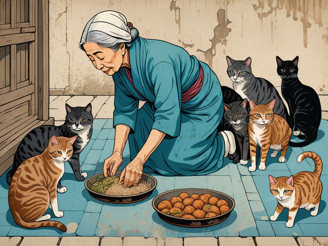 Elderly Woman Sorting Seeds with Cats Nearby