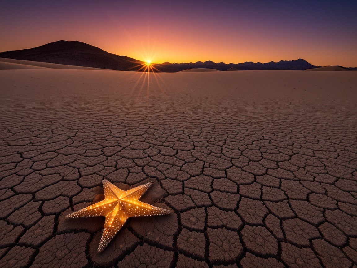 Desert Landscape at Sunset with Starfish on Dry Earth
