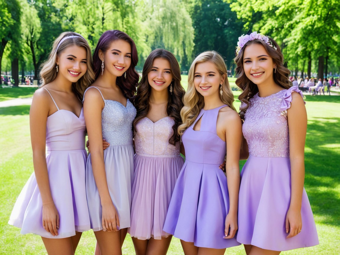 Group of Young Women in Lavender Dresses in Park
