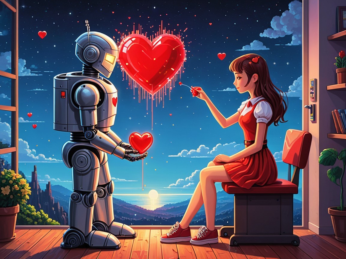 Robot and Girl Share Heartwarming Sunset Scene