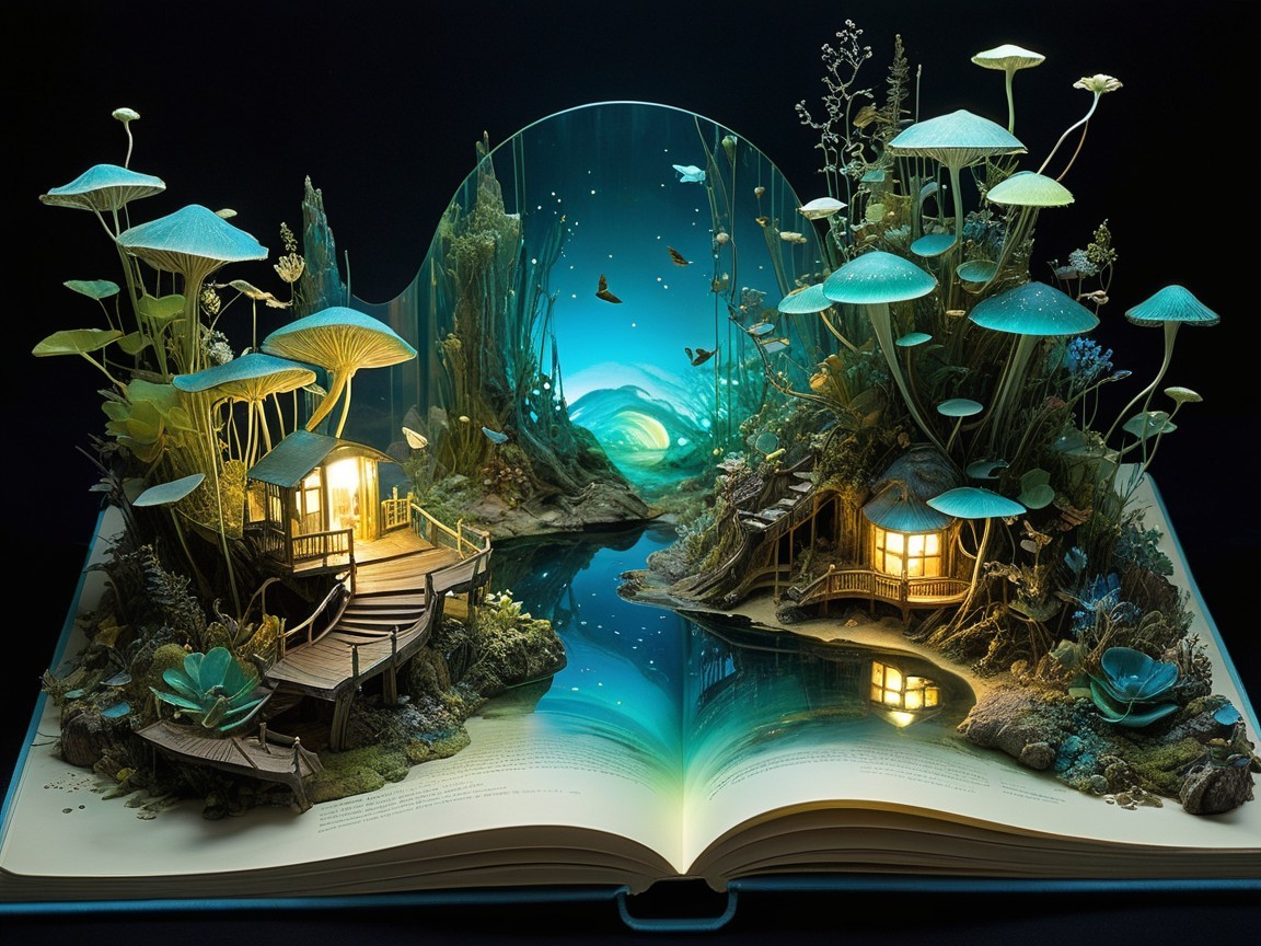 Whimsical Pop-Up Book Scene with Enchanted Landscape