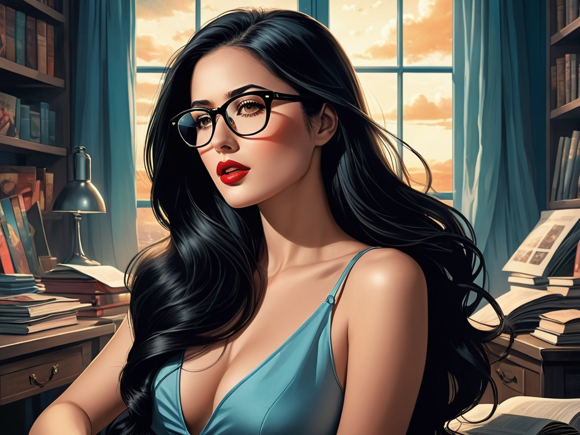 Woman in library with black hair and red lips