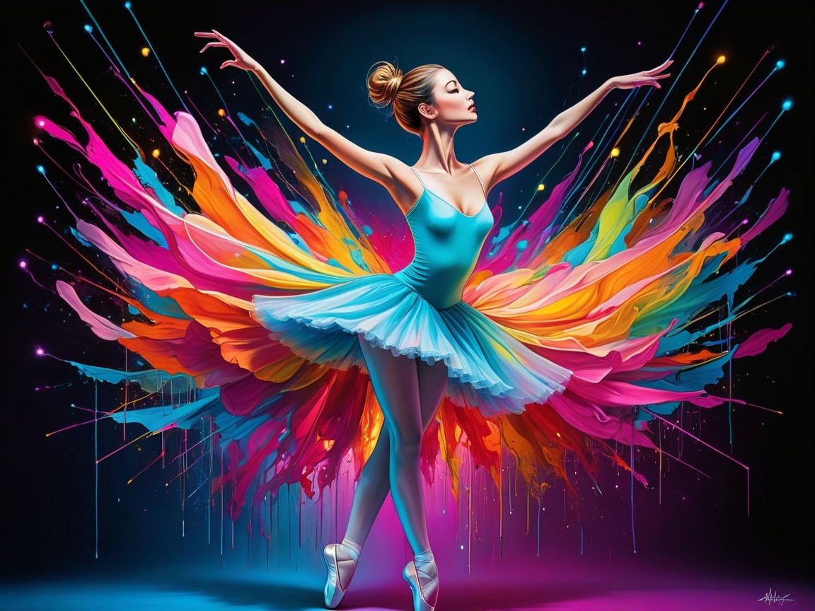 Ballet Dancer in Colorful Costume Against Dark Background
