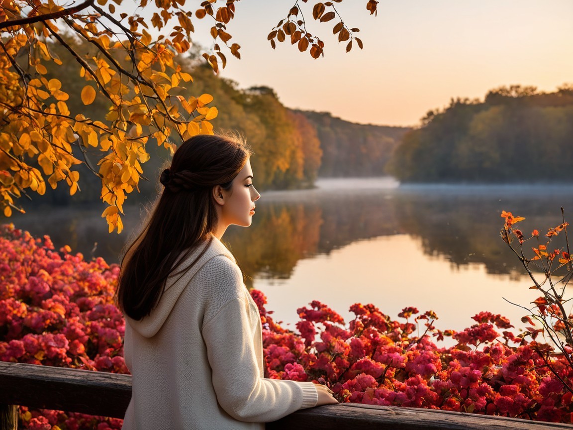 Young woman by serene lake with autumn scenery