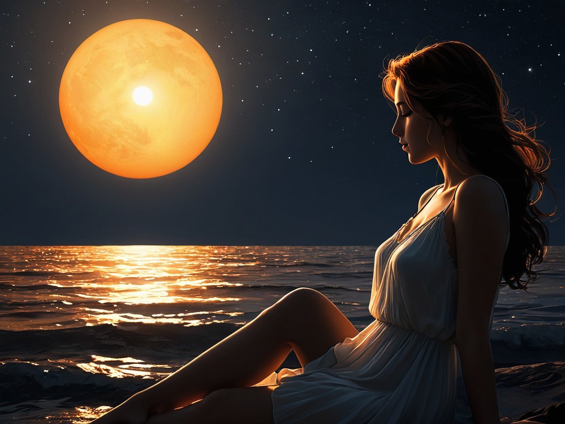 Woman by Ocean Under Orange Moonlight