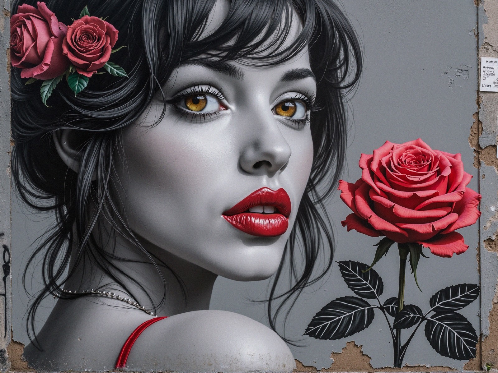 Mural of a Woman with Golden Eyes and Roses
