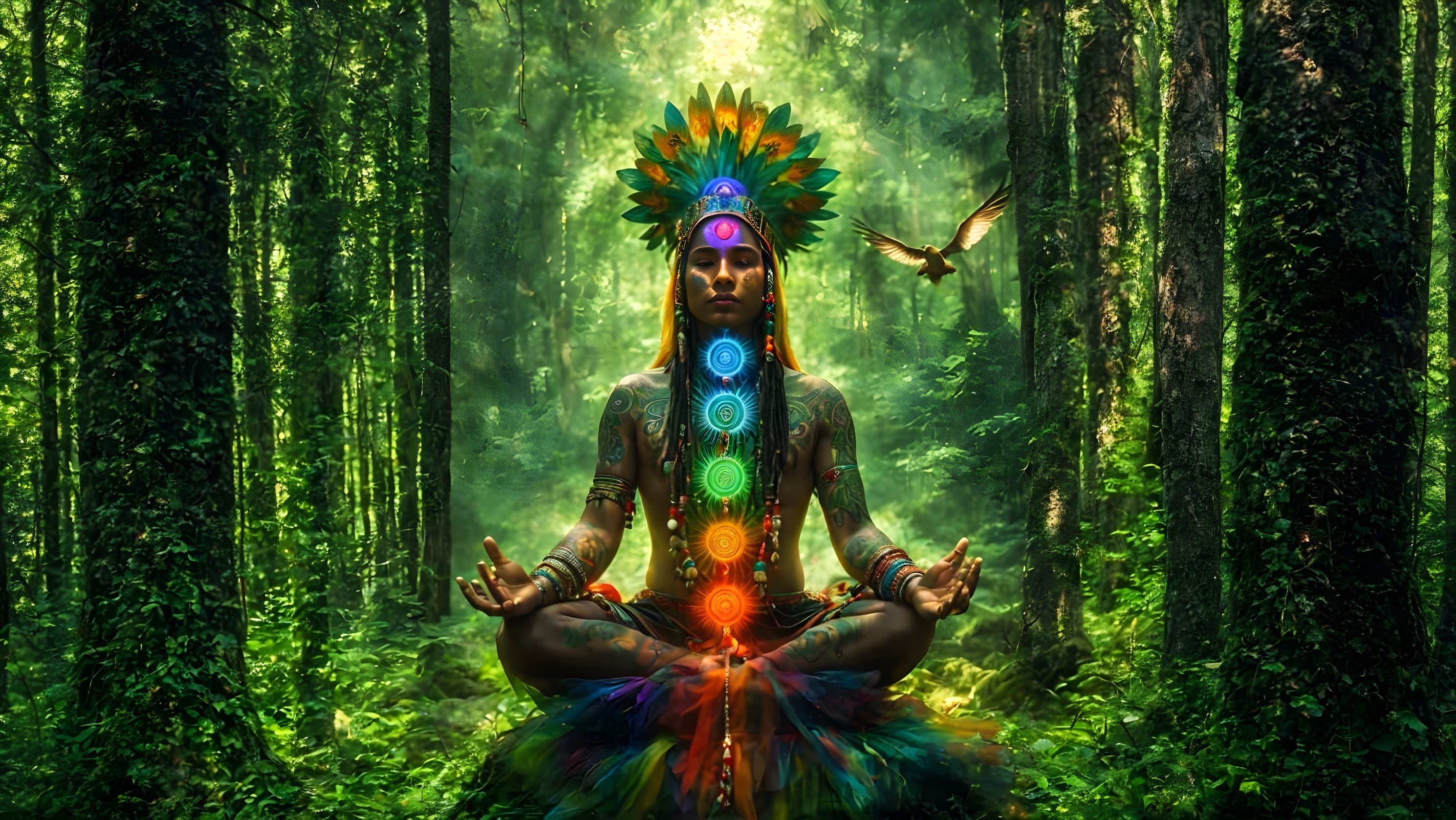 Serene figure in a lush forest with chakras and feathers